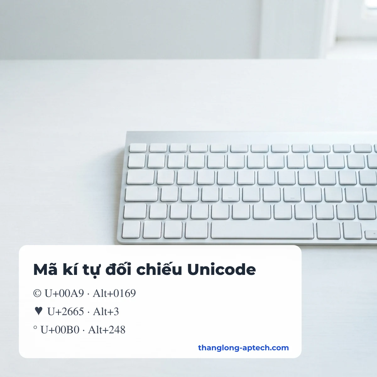 Mỗi kí tự trên Thăng Long Kí Tự kèm mã U+, tên Unicode và mã ALT khi có